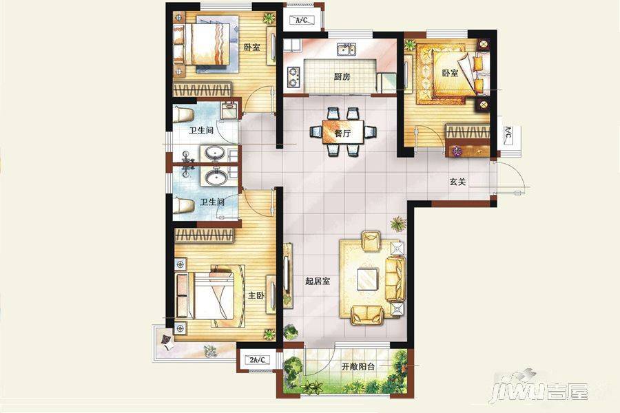 卓越宾果公寓3室2厅2卫103㎡户型图