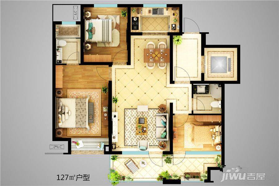 蓝光黑钻公馆3室2厅2卫127㎡户型图