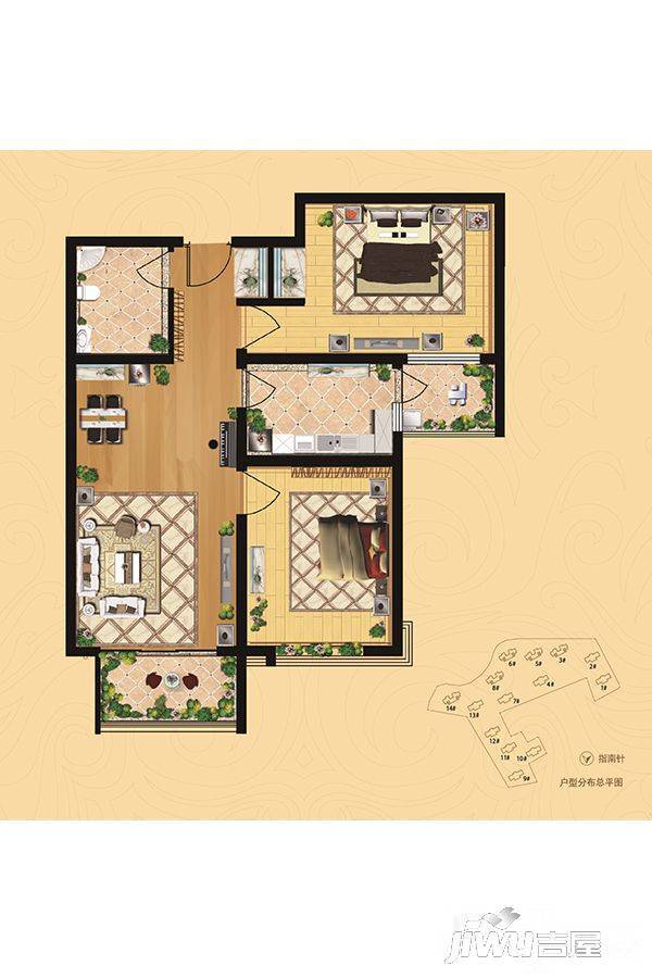 深港城2室2厅1卫89㎡户型图