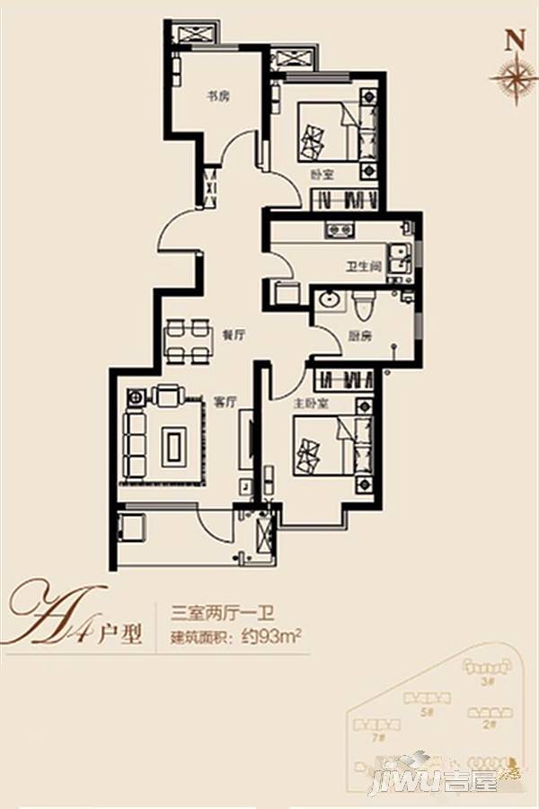 金凤凰铭品3室2厅1卫93㎡户型图