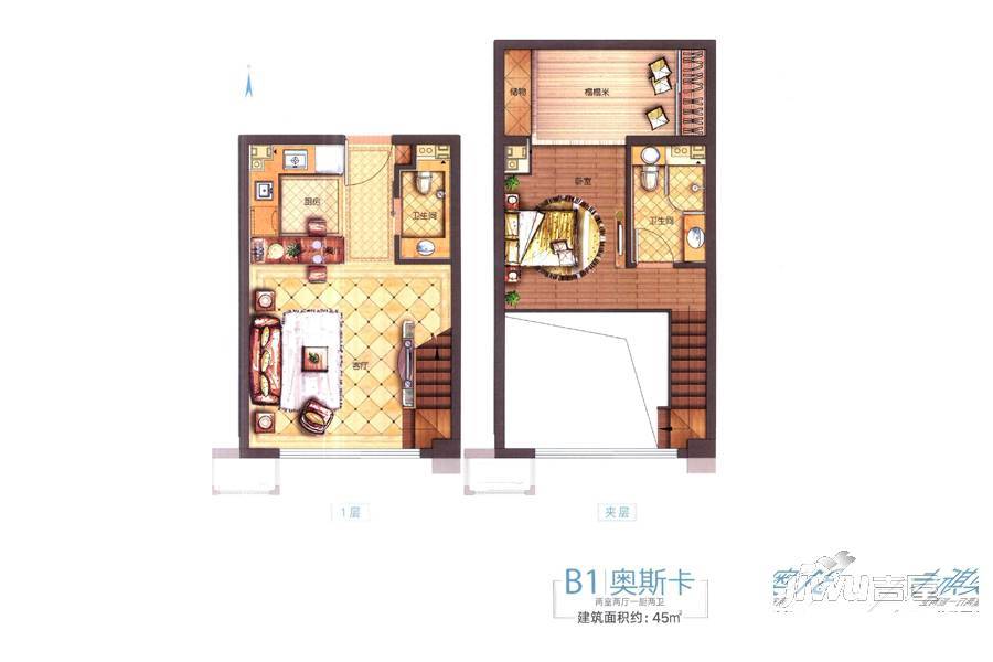 保利中央公园2室2厅2卫45㎡户型图