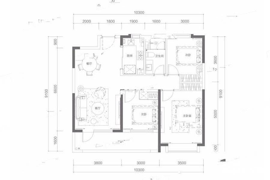 融创红岛壹号院3室2厅1卫112㎡户型图