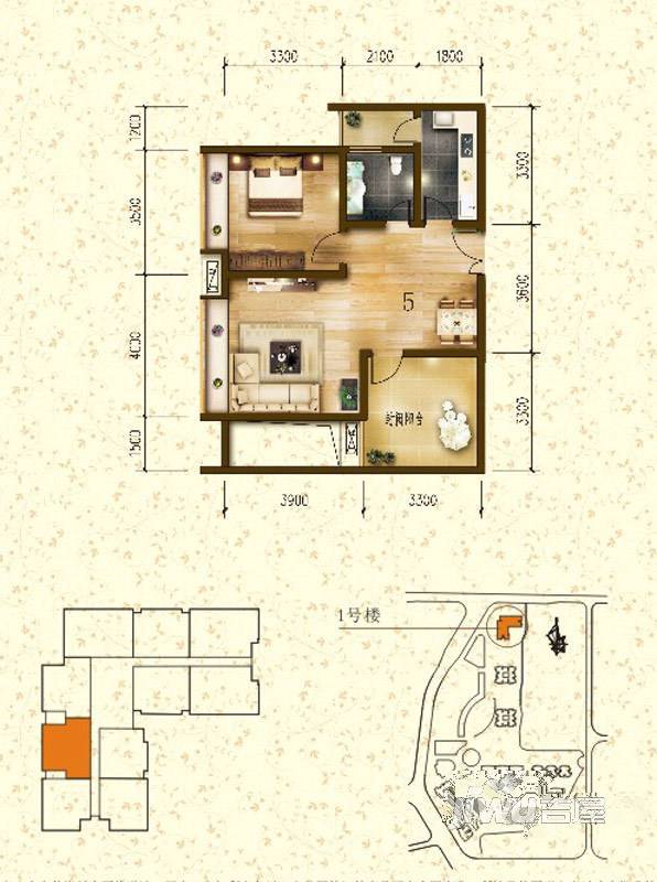 铂金公馆1室2厅1卫71.3㎡户型图