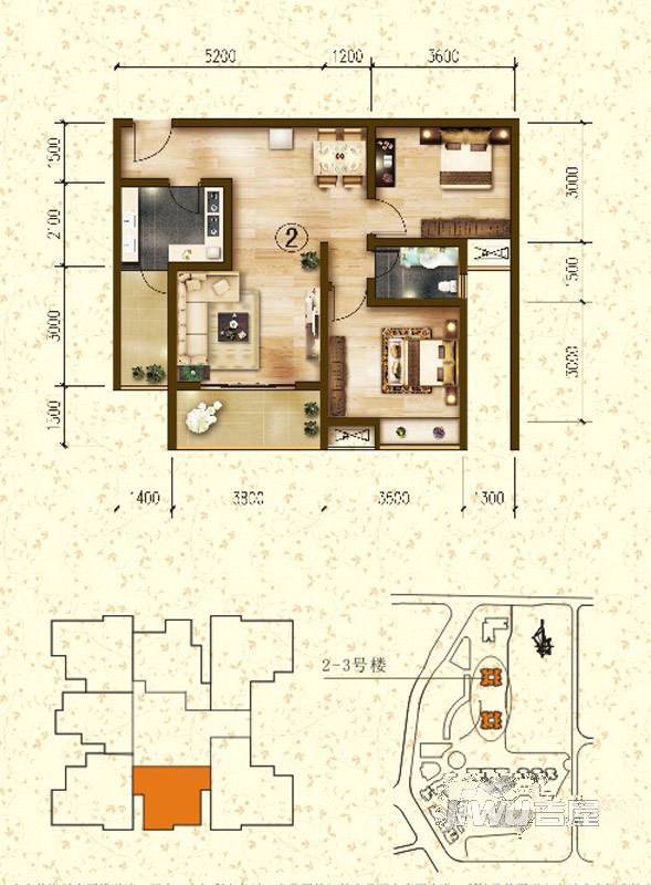 铂金公馆2室2厅1卫80.8㎡户型图