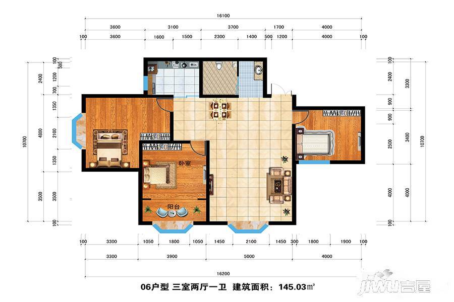 巴州教育局家属楼3室2厅1卫145㎡户型图