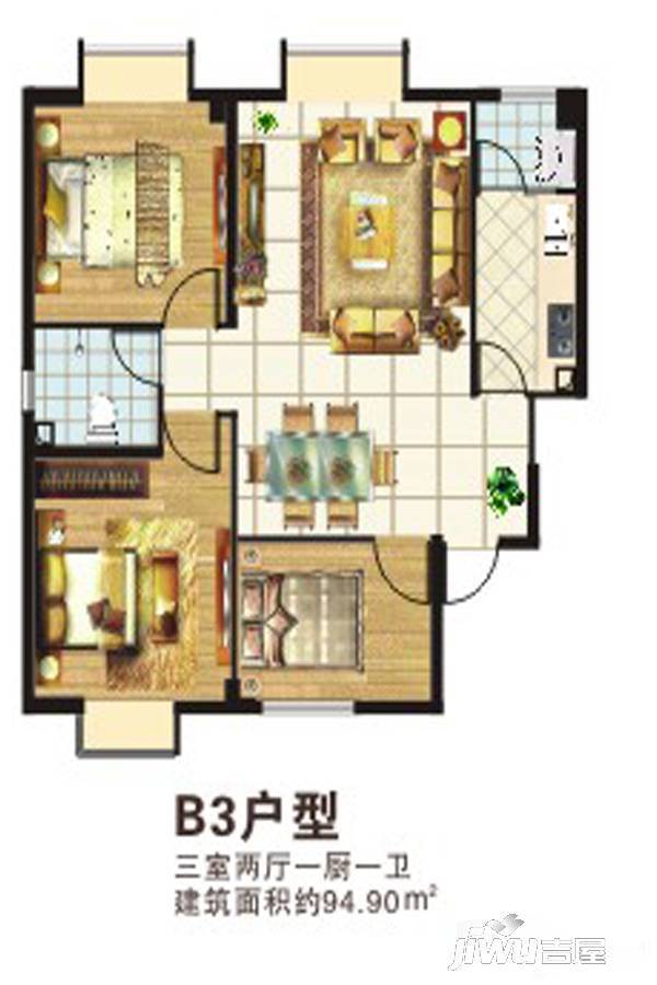 水墨湾3室2厅1卫94.9㎡户型图