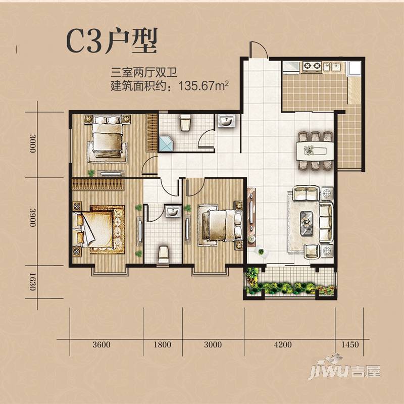 左岸城邦3室2厅2卫136.7㎡户型图