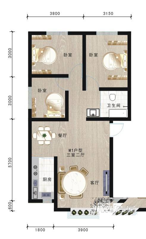 裕邦城北名都3室2厅1卫户型图