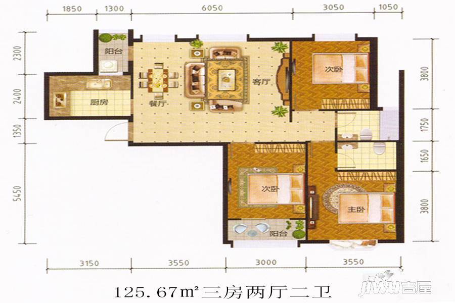 孔雀河1号3室2厅2卫124.5㎡户型图