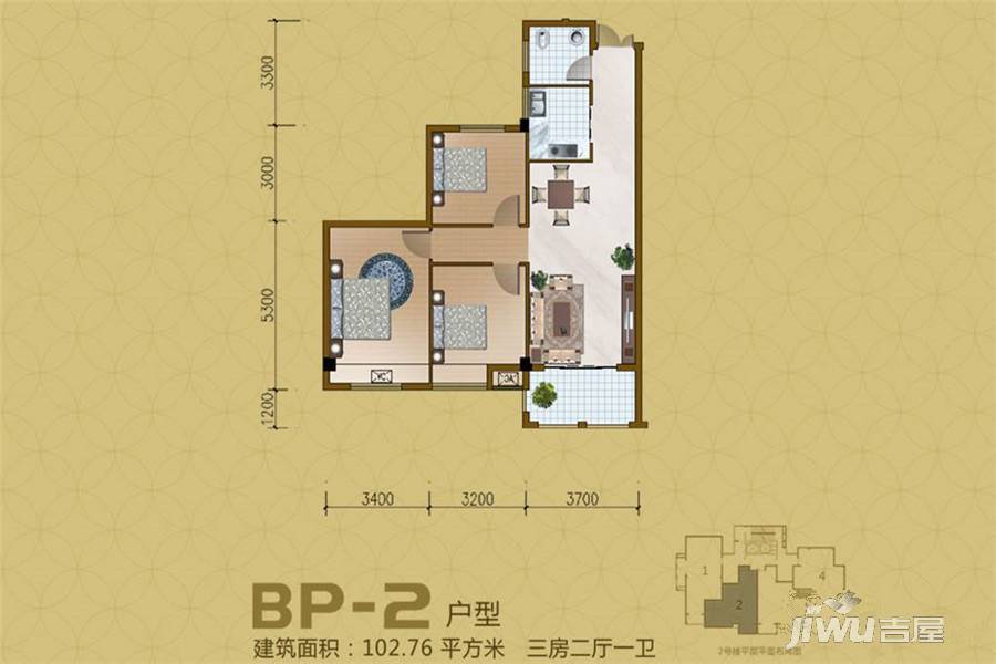 炜裕时代广场3室2厅1卫102.8㎡户型图