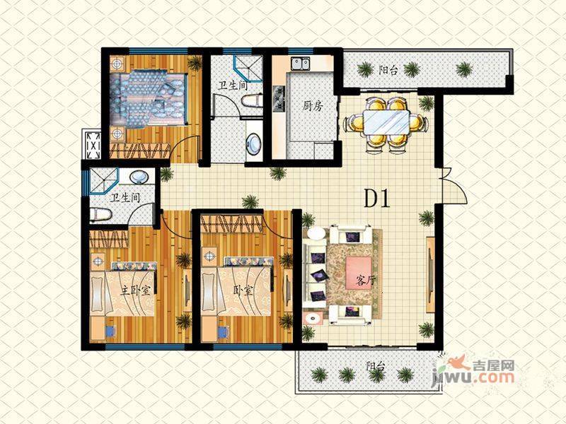 泰莱桃村国际城3室2厅2卫116㎡户型图