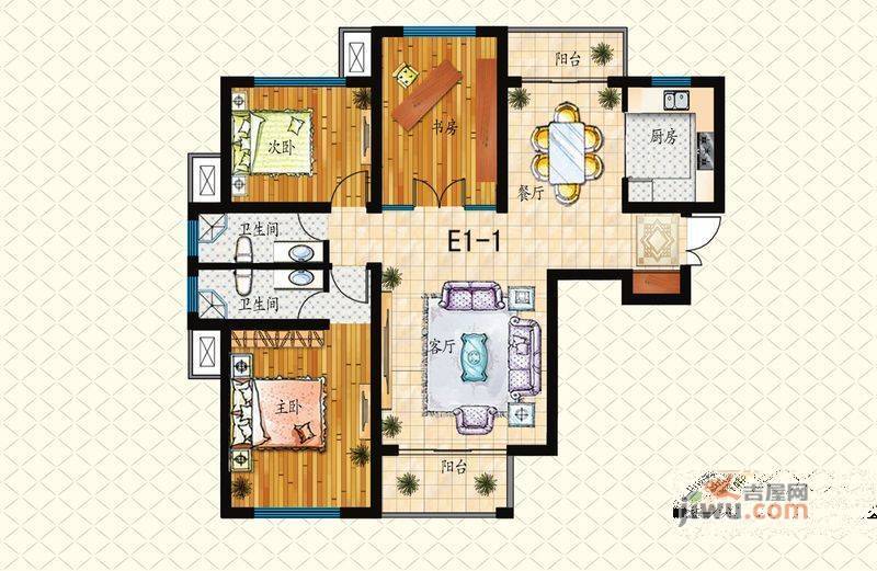 泰莱桃村国际城3室2厅2卫121㎡户型图