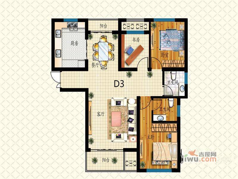 泰莱桃村国际城3室2厅2卫116㎡户型图