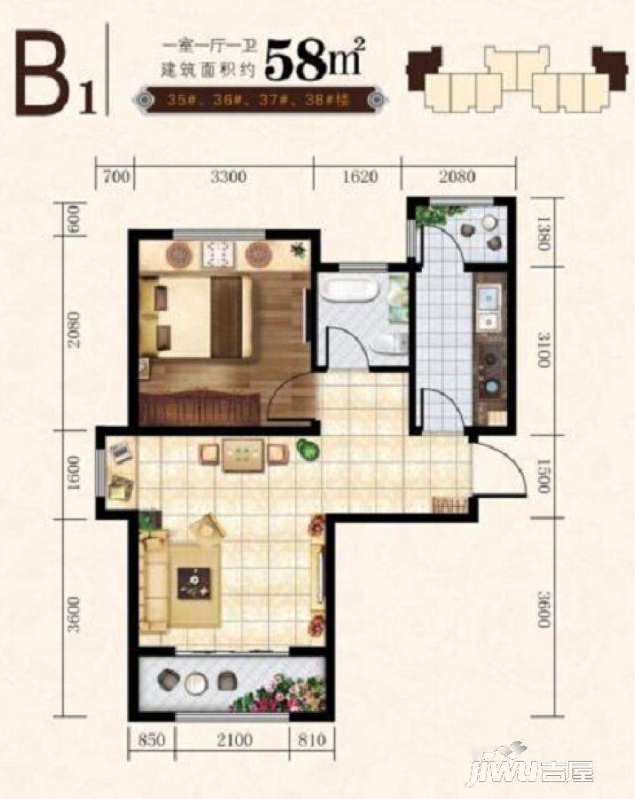 海泉湾1室1厅1卫58㎡户型图