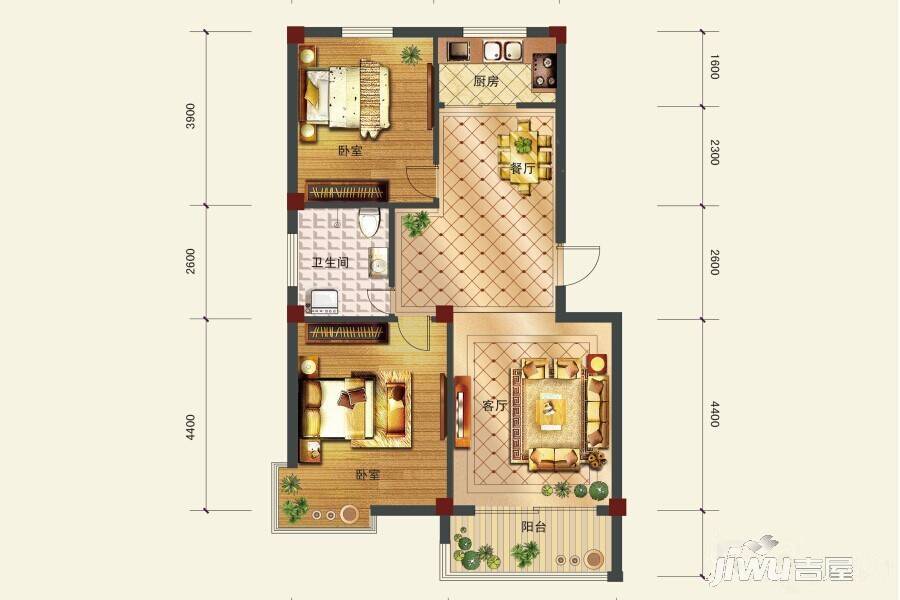 东方名城2室2厅1卫85.6㎡户型图