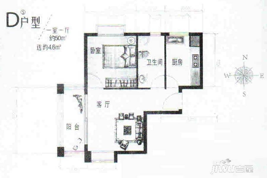 福利莱万和城1室1厅1卫49㎡户型图