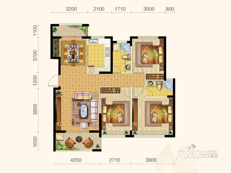 恒隆凯旋9号3室2厅2卫108.2㎡户型图