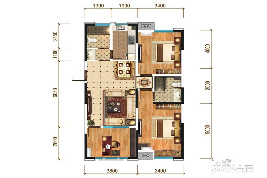 怡馨华庭2室2厅2卫102.3㎡户型图