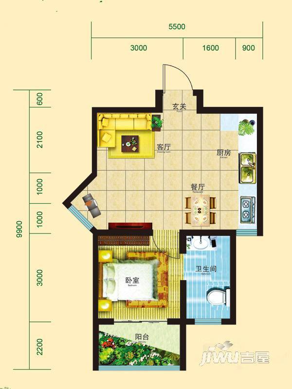 公园壹号1室2厅1卫51.2㎡户型图