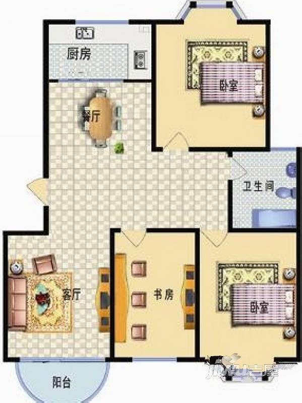 滨海国际新城3室2厅1卫94㎡户型图