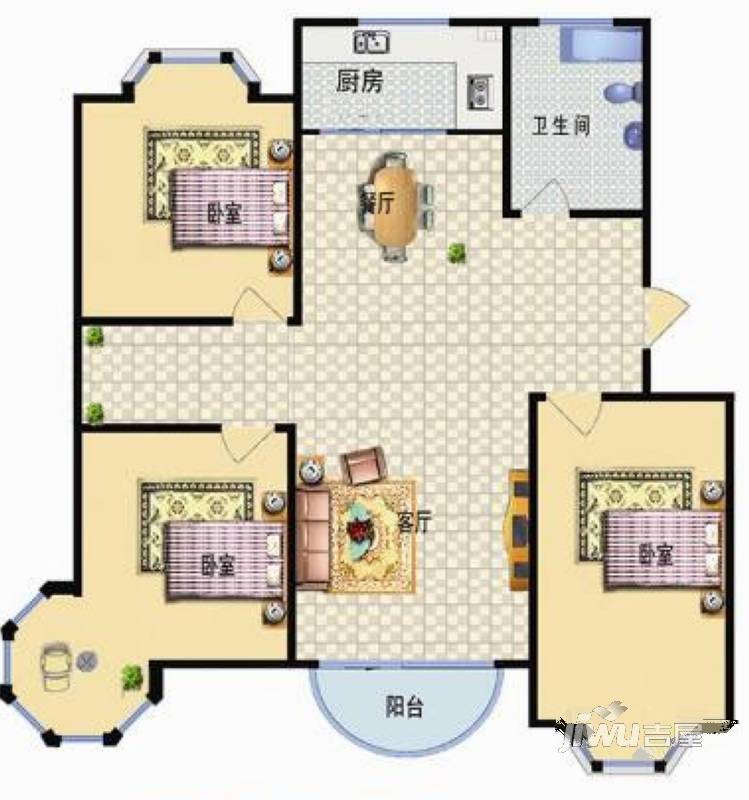 滨海国际新城3室2厅1卫113㎡户型图