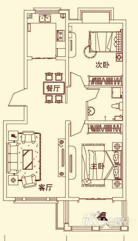 盛龙国际2室2厅1卫92.1㎡户型图