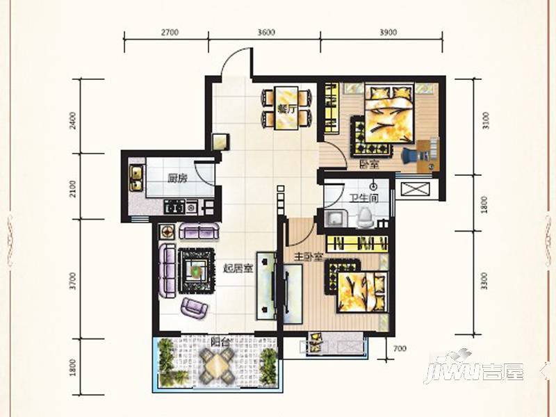 凯旋新城嘉苑2室2厅1卫94.7㎡户型图