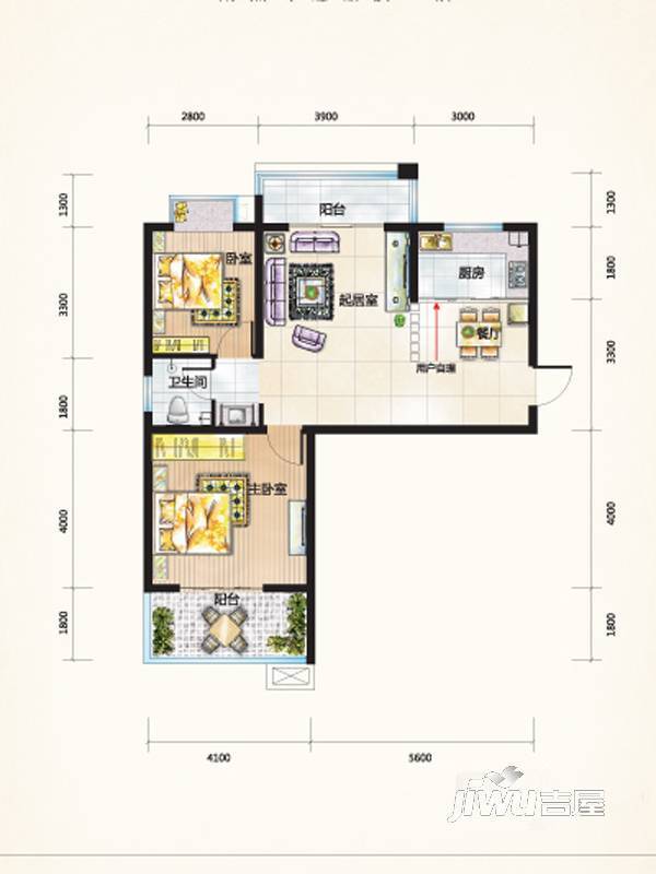 凯旋新城嘉苑2室2厅1卫101.8㎡户型图