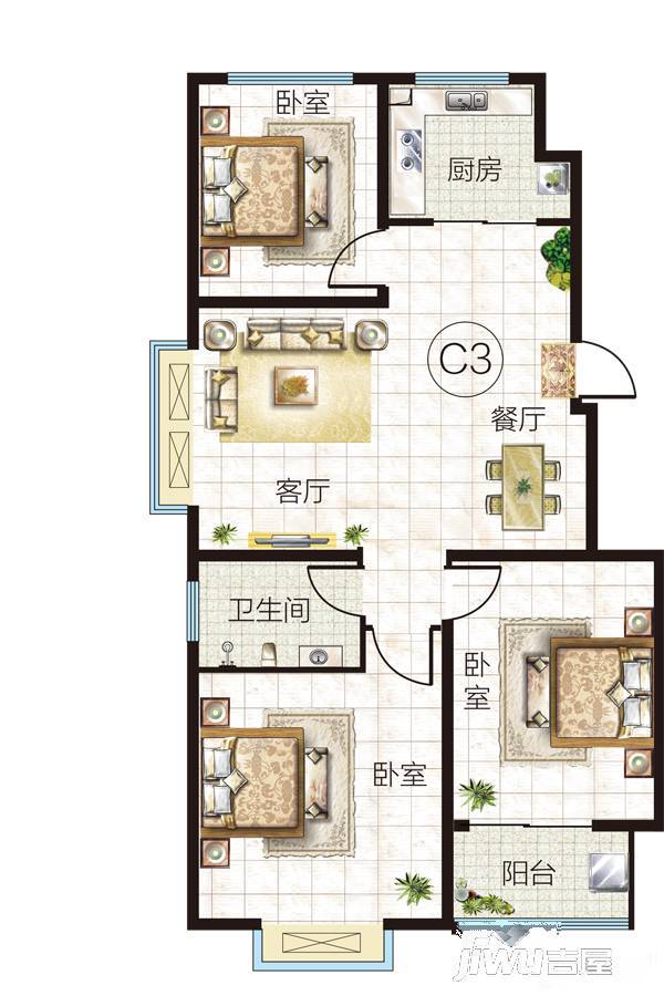 泰和名都3室2厅1卫100㎡户型图