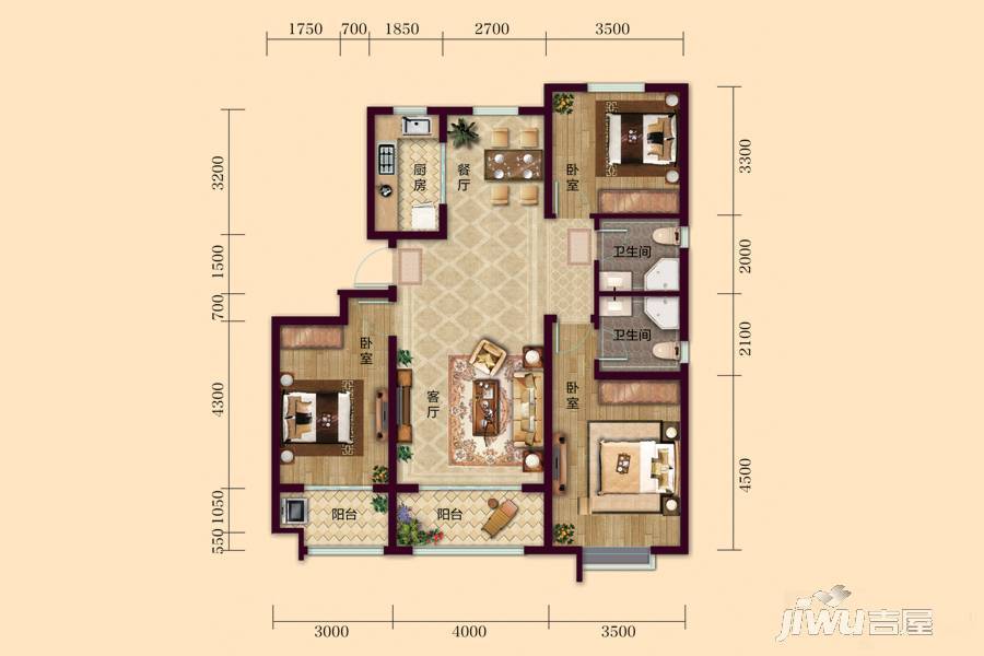 银丰唐郡·牡丹园3室2厅2卫126㎡户型图