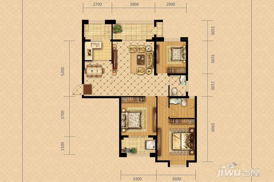 汇侨城3室2厅2卫126㎡户型图