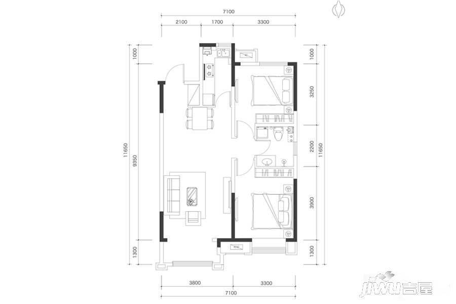 华润城紫云府2室2厅1卫90㎡户型图