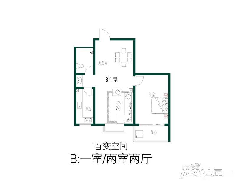 河畔艺墅1室2厅1卫80㎡户型图