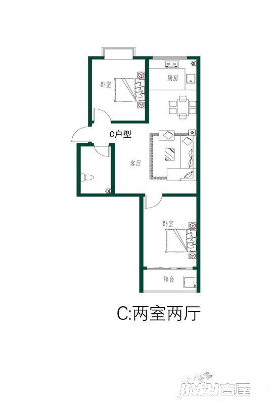 河畔艺墅2室2厅1卫89㎡户型图