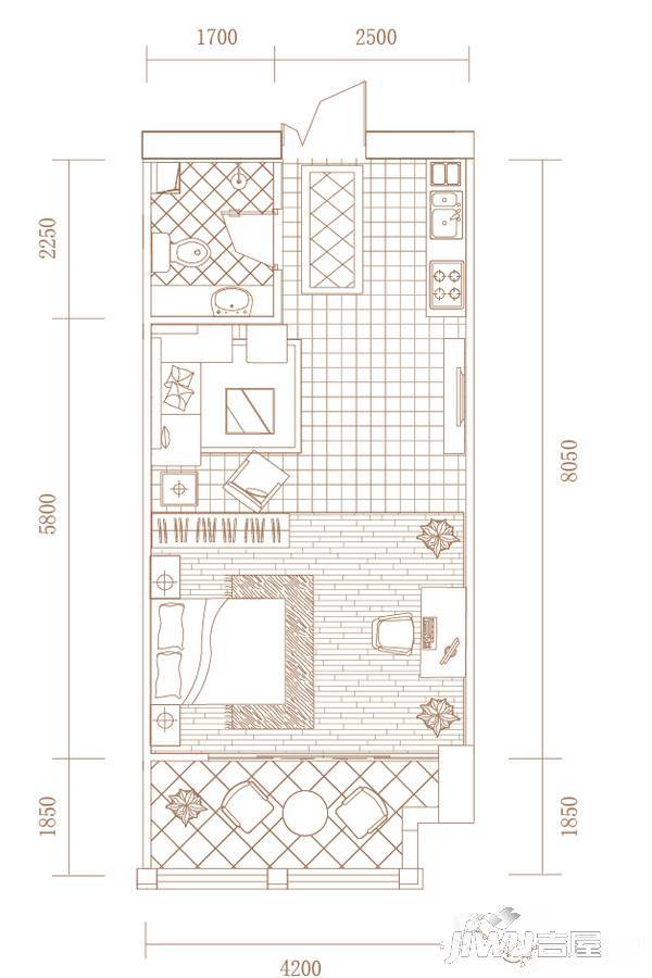 新泉城大厦1室1厅1卫54㎡户型图