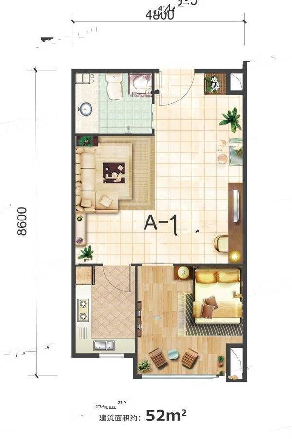 绿地启航社1室0厅1卫52㎡户型图