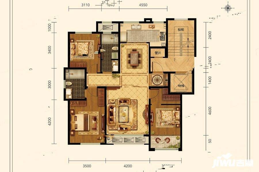 中康绿城百合花园3室2厅2卫125.1㎡户型图