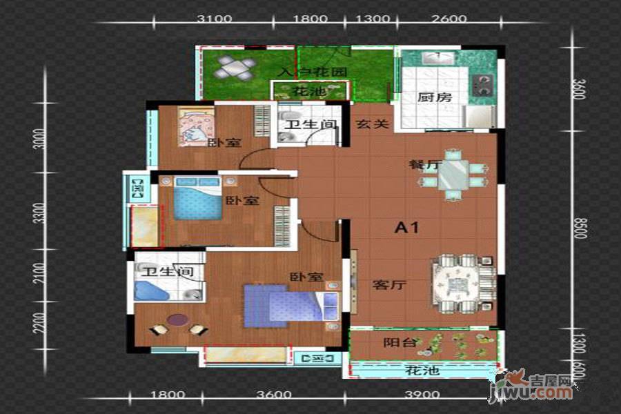 世纪滨江4期3室2厅2卫127.3㎡户型图