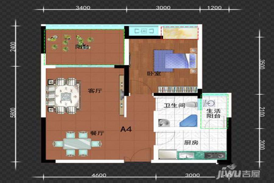 世纪滨江4期1室2厅1卫63.3㎡户型图