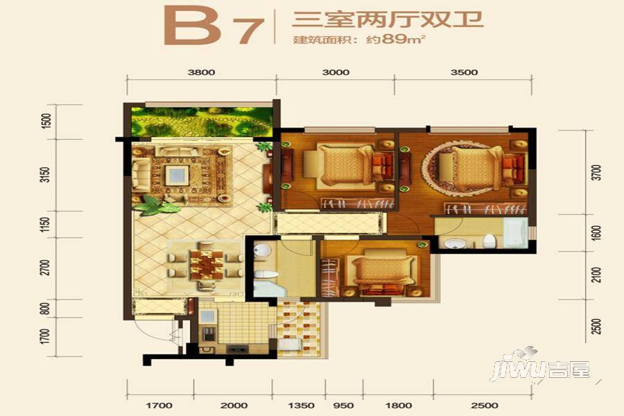 邦泰国际社区3室2厅2卫89㎡户型图