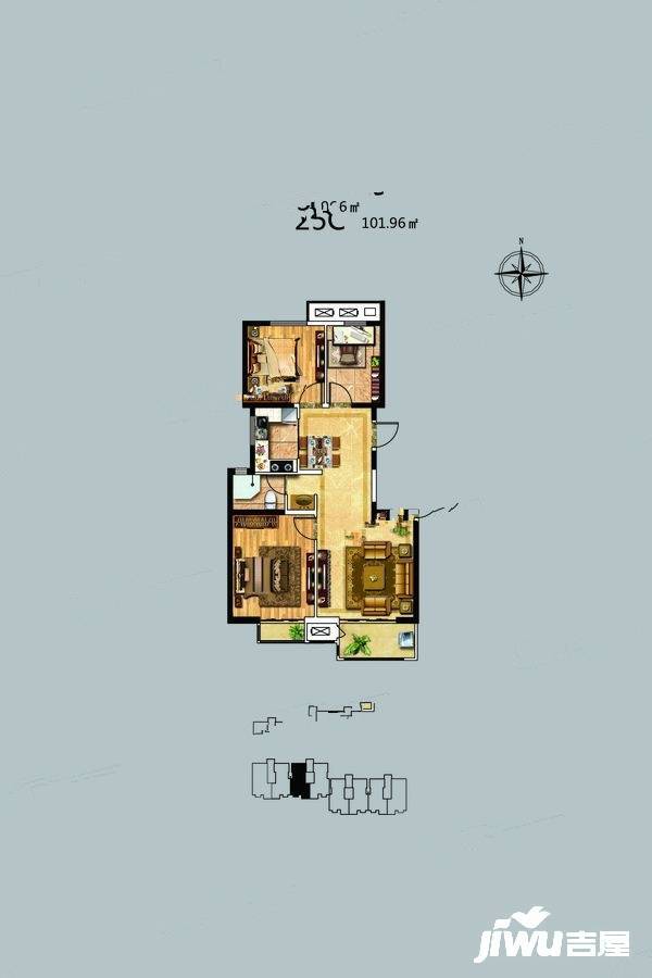 天地新城3室2厅1卫102㎡户型图