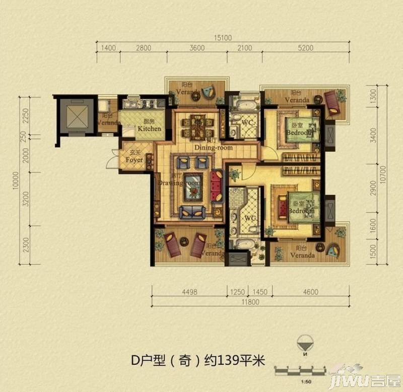 中大西郊半岛2室2厅2卫139㎡户型图