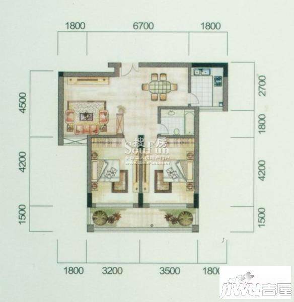 公元名家2室2厅1卫85㎡户型图