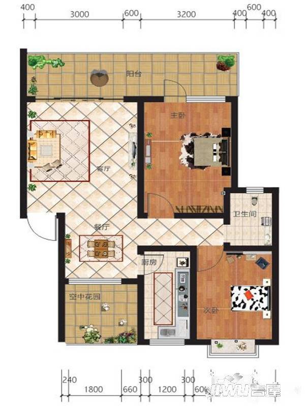 贵安第一城2室2厅1卫77㎡户型图