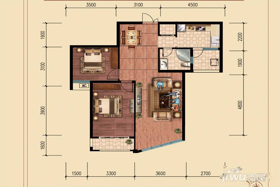 特兴青云都汇2室2厅1卫93.4㎡户型图