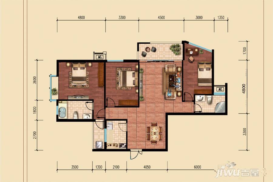 特兴青云都汇3室2厅2卫129.3㎡户型图