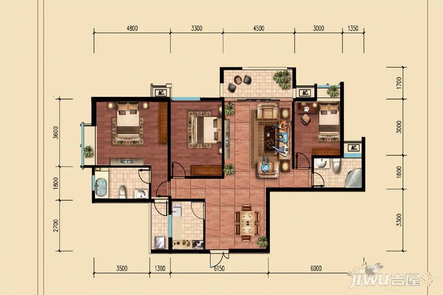 特兴青云都汇3室2厅2卫125.1㎡户型图