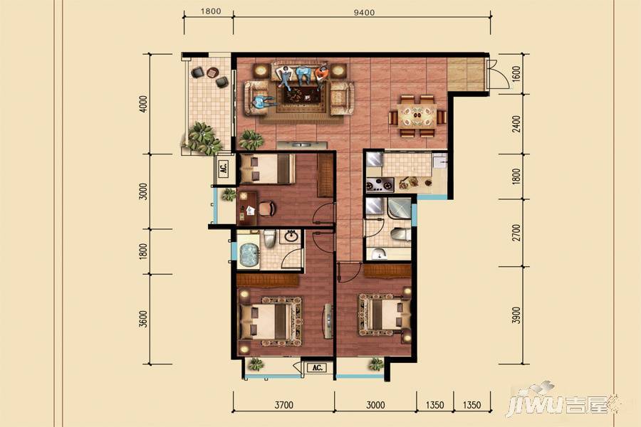 特兴青云都汇3室2厅2卫114.4㎡户型图