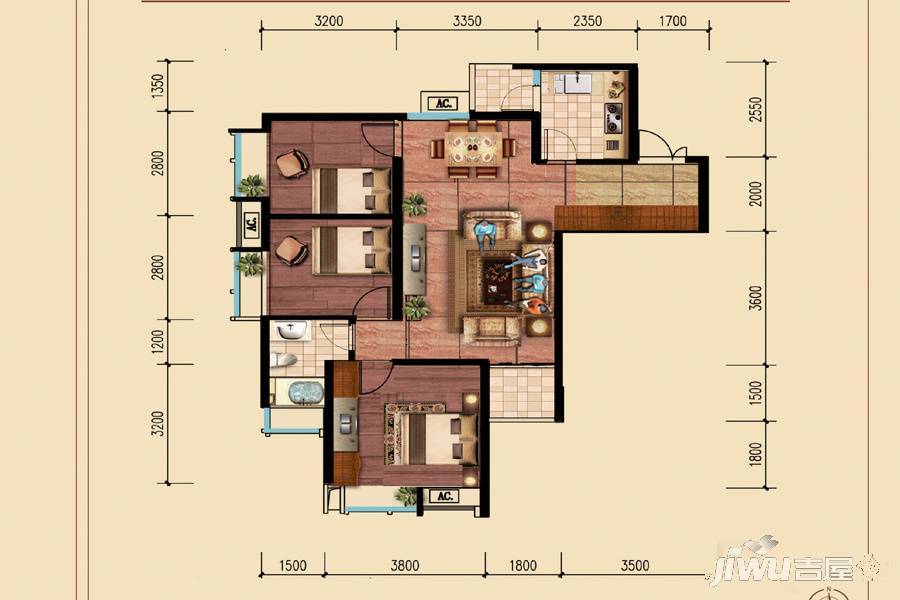 特兴青云都汇3室2厅1卫95.1㎡户型图