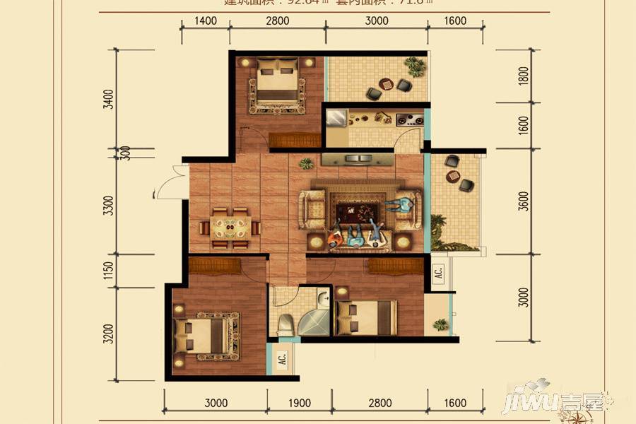 特兴青云都汇3室2厅1卫92.6㎡户型图